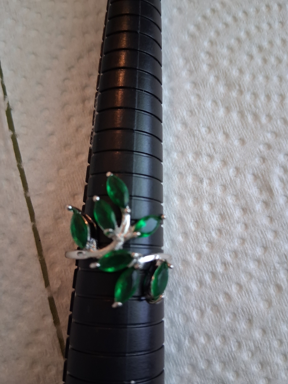 Silver Leaf Ring with Vibrant Green Marquise Stones Sell As It Is